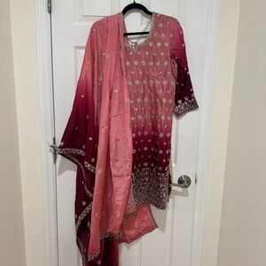 Womens Indian Pakistani Suit Sharara Palazzo Pink Burgundy Ombre Size 42